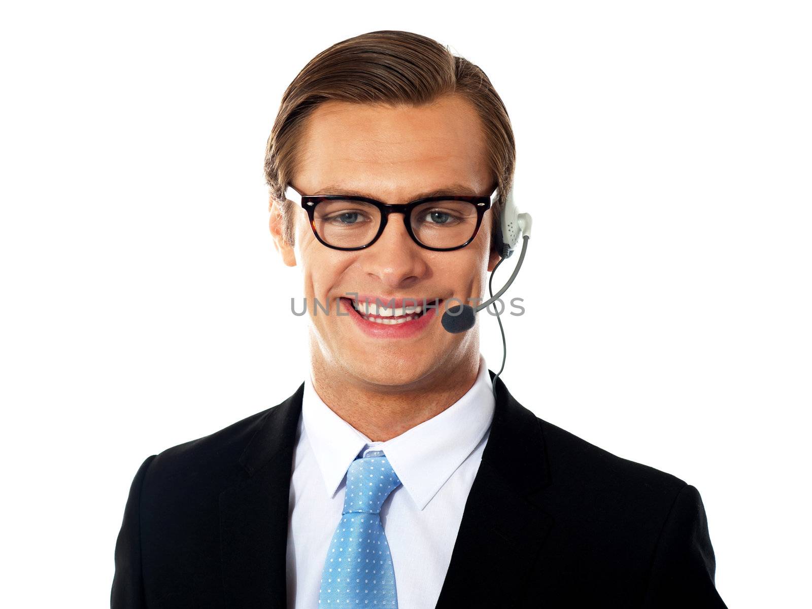 Closeup shot of male customer support member wearing headsets, smiling