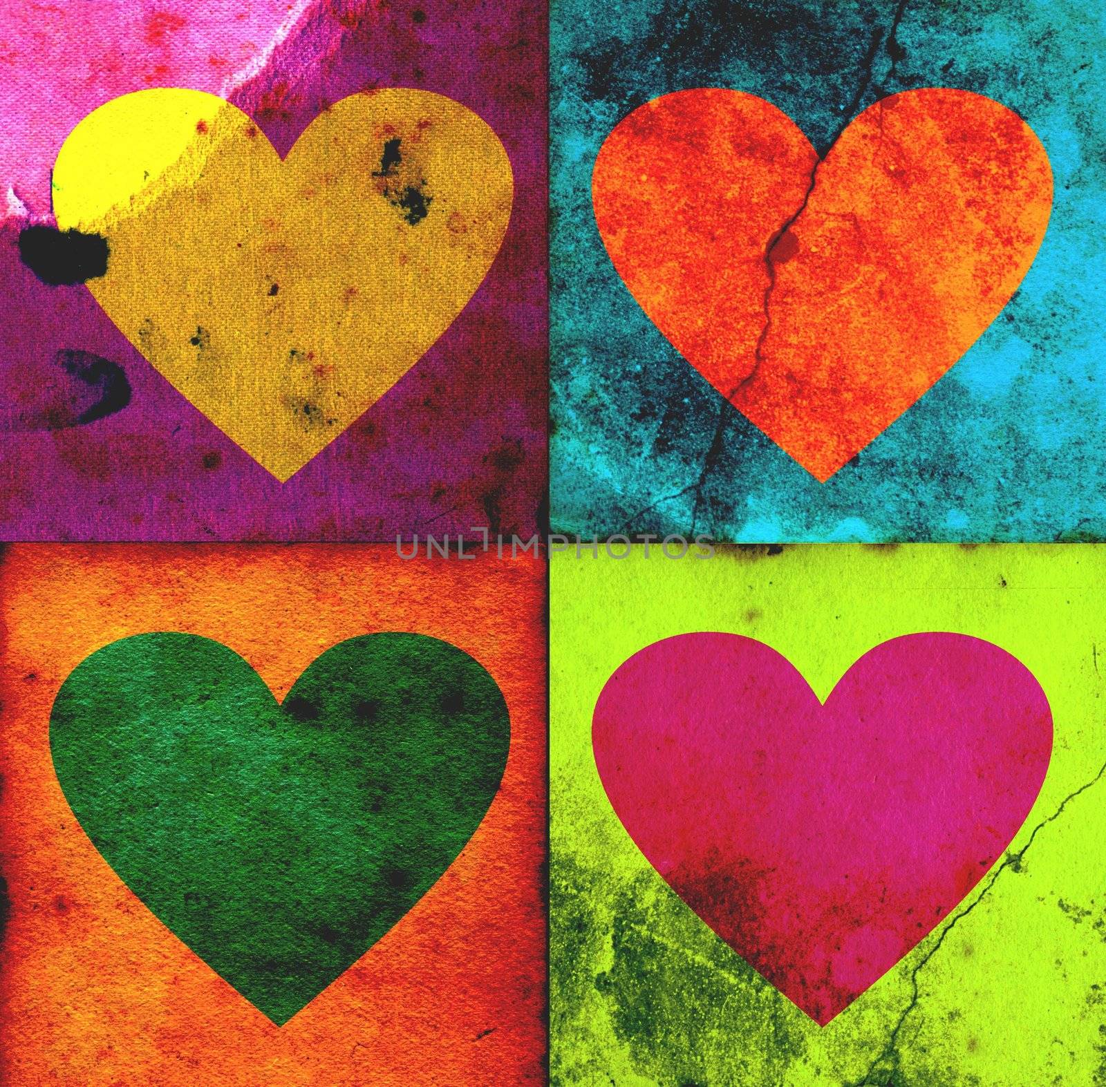 4 colorful grunge hearts - valentine card