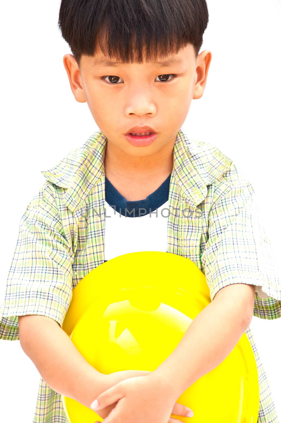 Asian Baby boy in yellow helmet holding hammer - isolated on white background