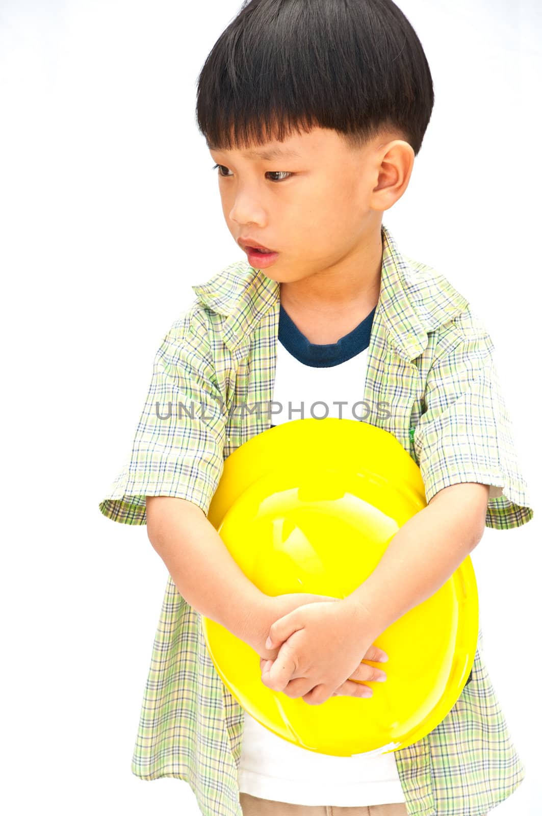 Asian Baby boy in yellow helmet holding hammer - isolated on whi by Yuri2012