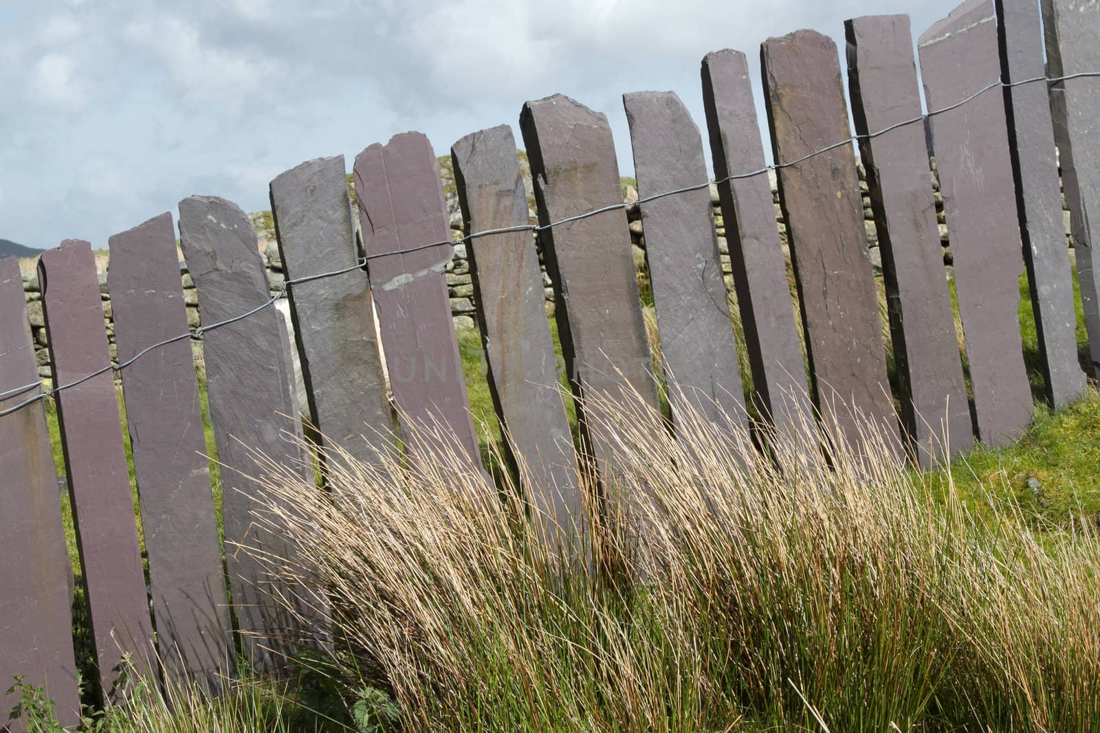 A traditional slate fence showing uprights kept together with wire.