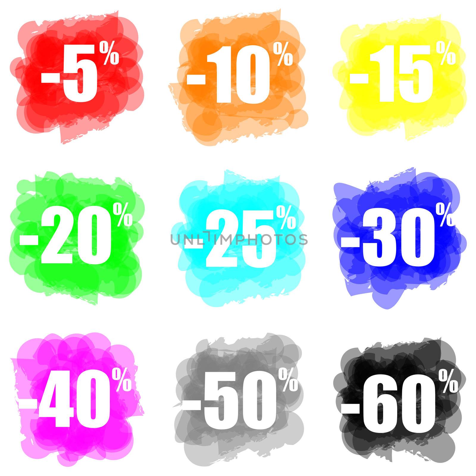 Set of colorful paint splat percentage symbol for discount, commerce, promotional and advertising concept