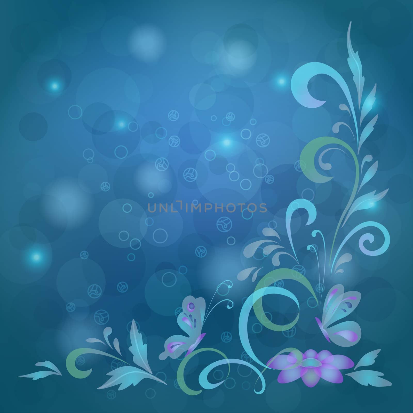 Abstract blue background with butterflies, flowers and circles