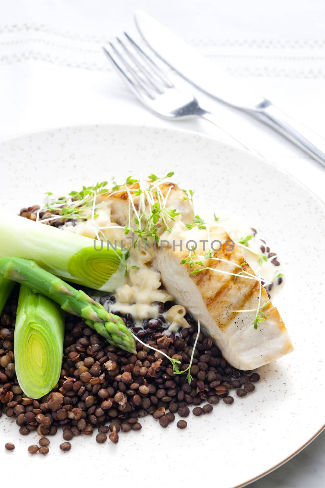 butterfish with green lentils, leek and green asparagus by phbcz