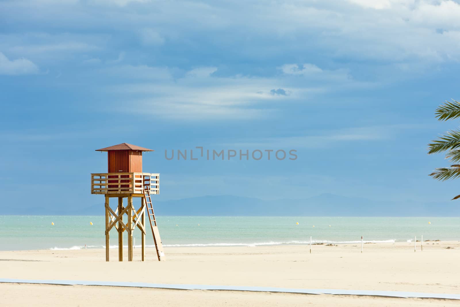 lifeguard cabin on the beach in Narbonne Plage, Languedoc-Roussillon, France