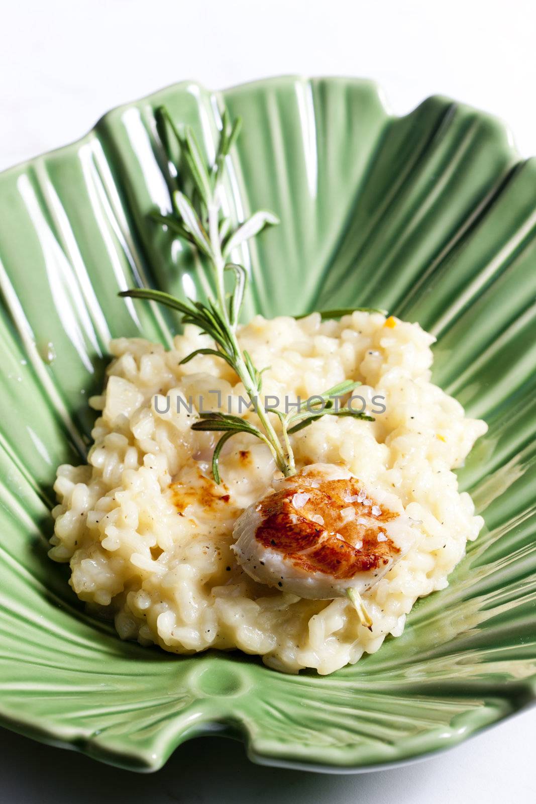 grilled Saint Jacques mollusc on rosemary needle with risotto