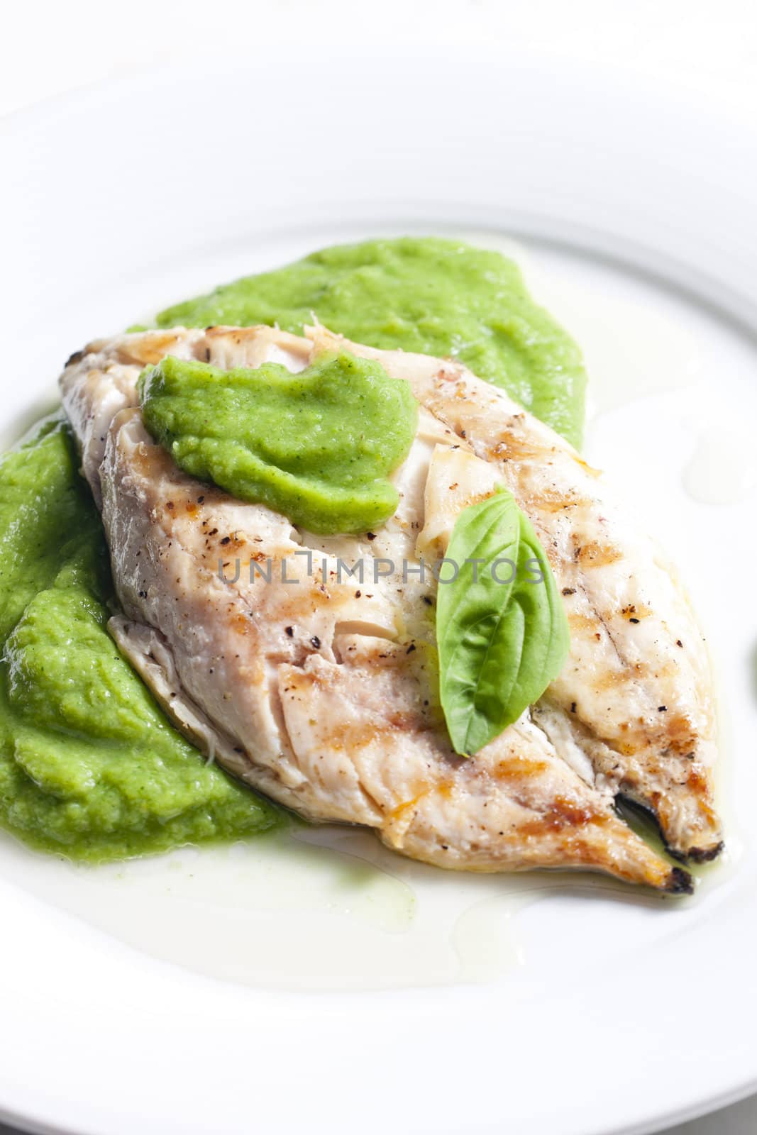 grilled mackerel with mashed pea and basil