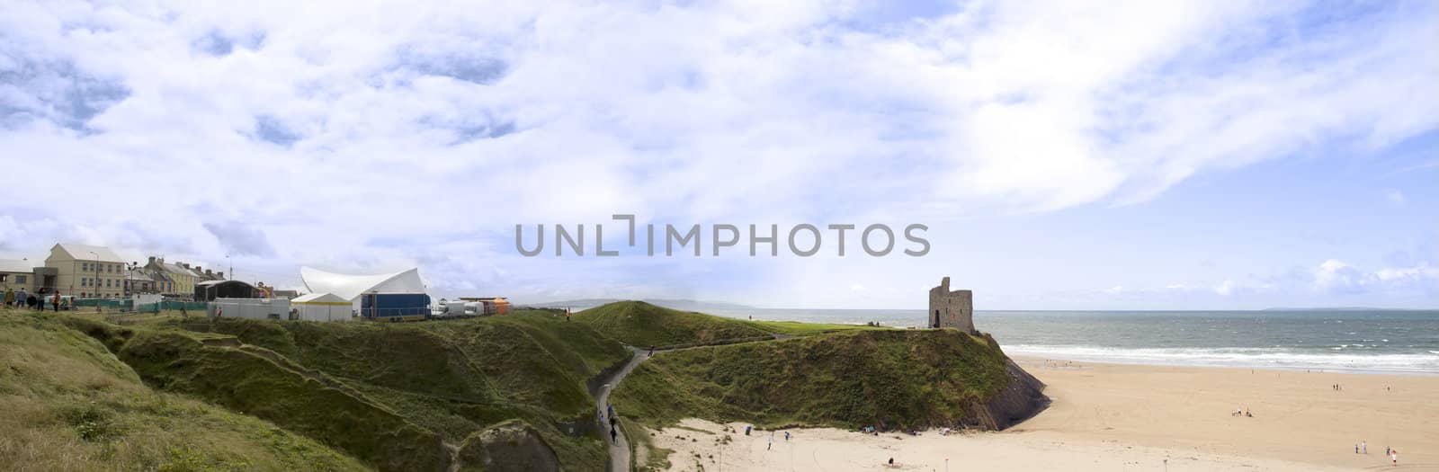 ballybunion in summer with panaramic view of the town, castle and beach