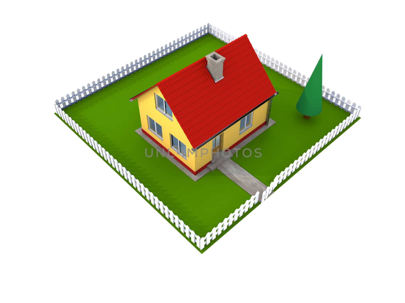 Small family house with red roof and green yard with white fence