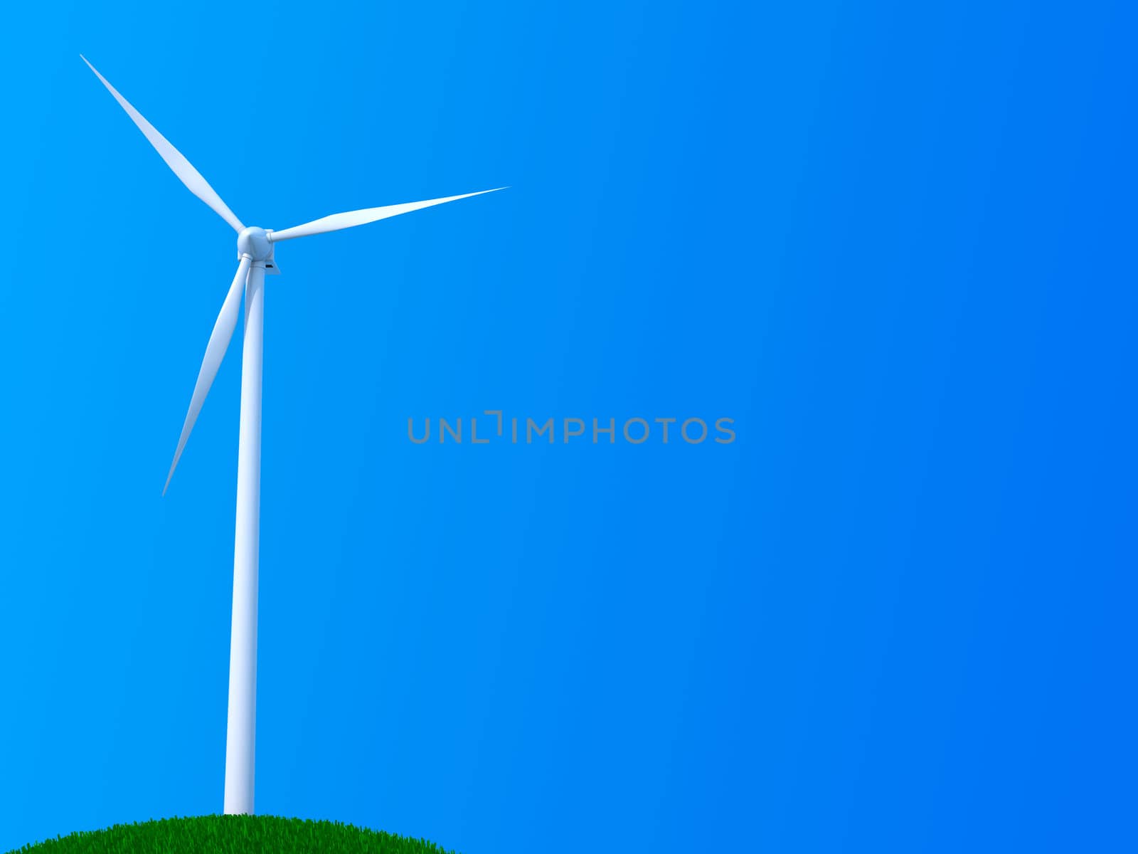 Wind turbine on blue background on the top of a grassy hill
