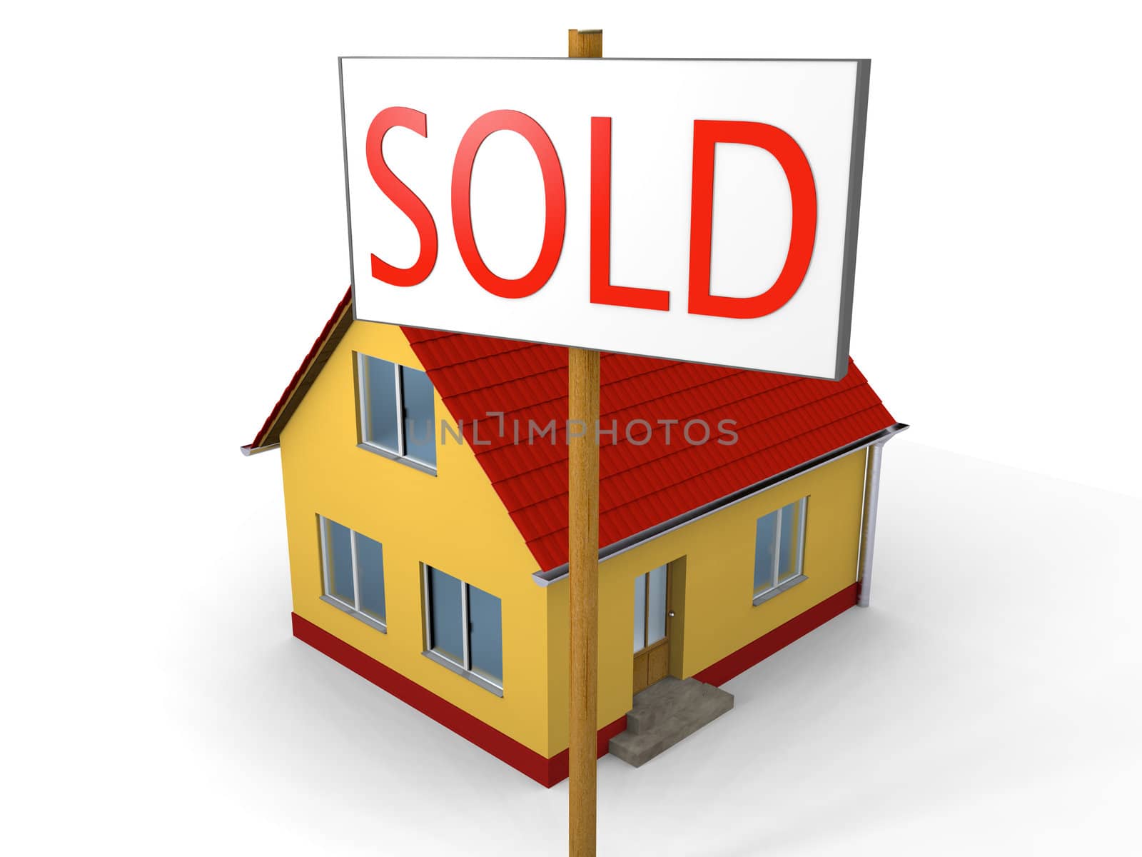 Miniature model of a family house and sign saying "sold"