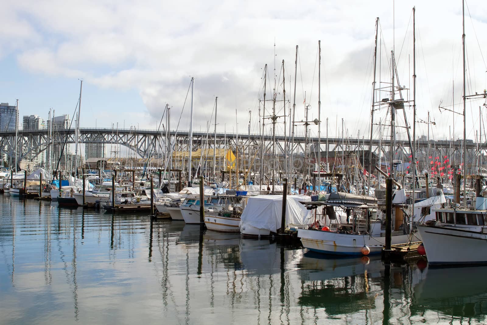 Yachts Moored by the Marina at Granville Island Bridge Vancouver BC Canada