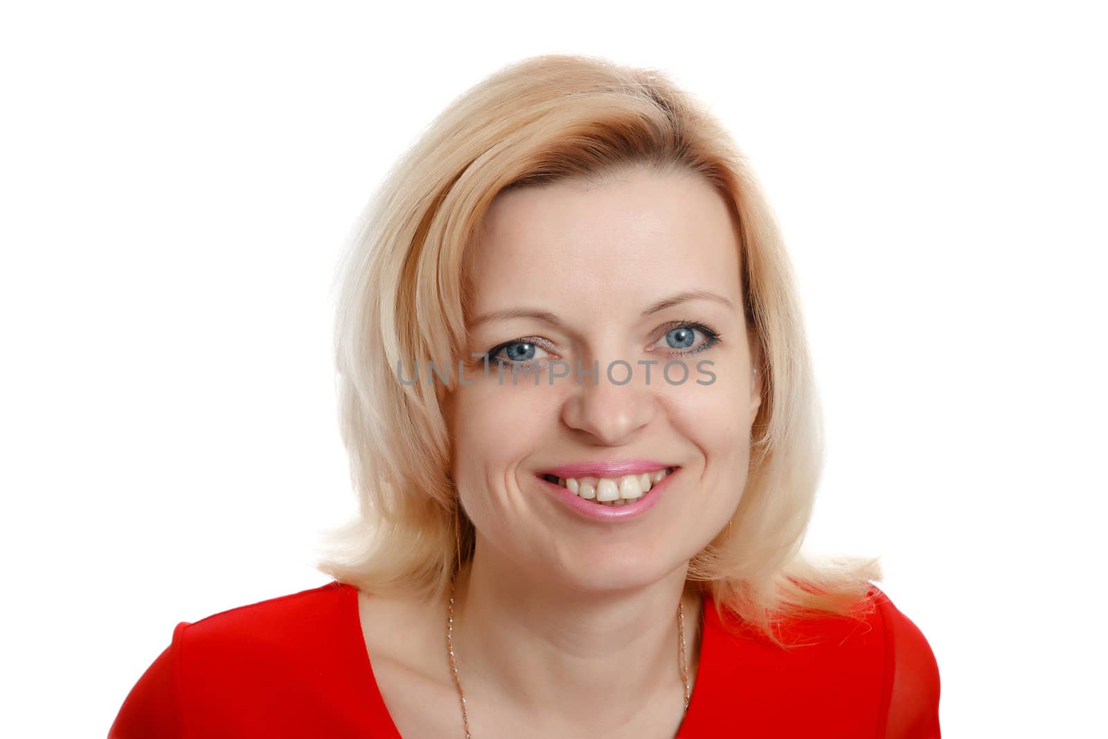 real casual smiling woman portrait  on a white background