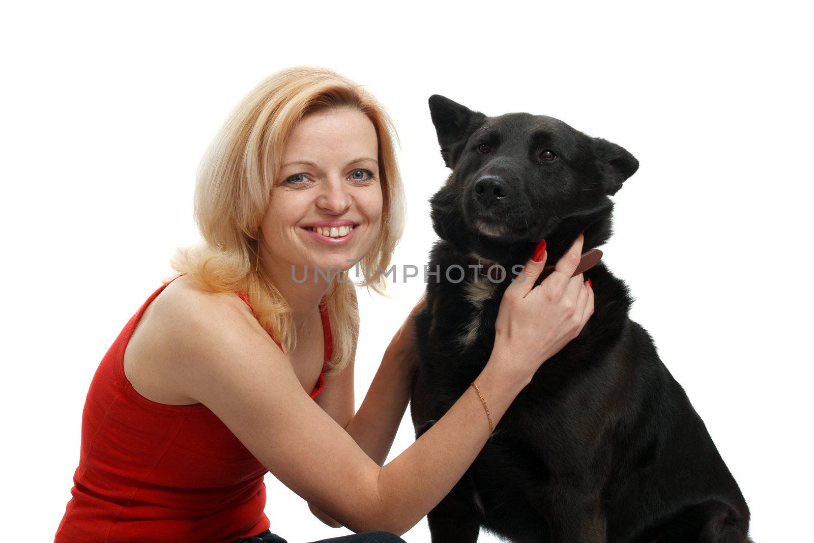 smiling woman with a dog on a white background