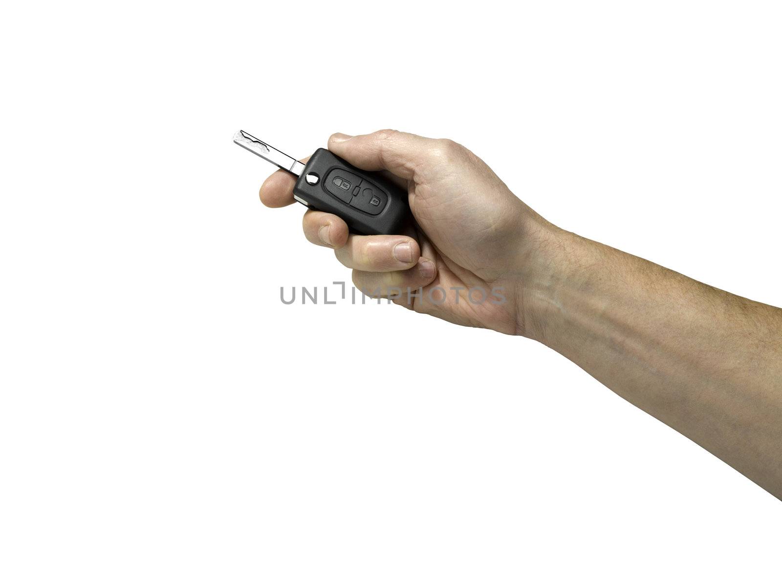 car key in hand (clipping path ) on white background