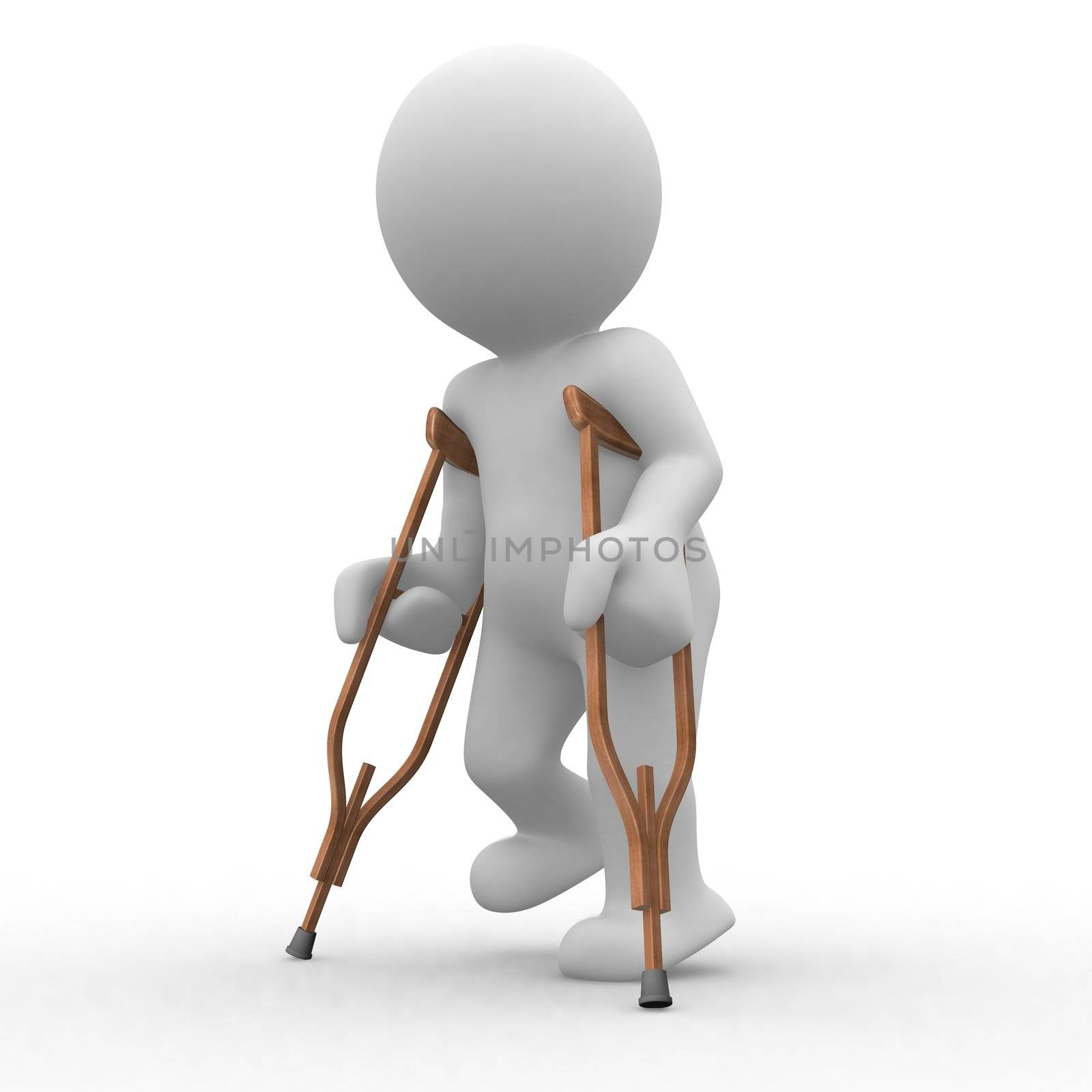 3d wounded human trying to walk with crutch