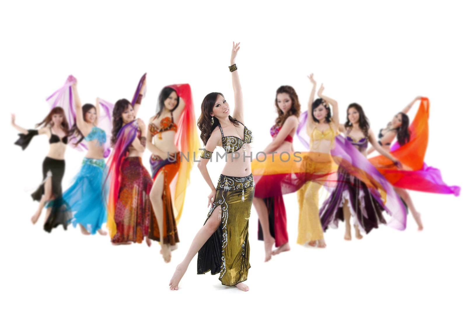 Belly dancer troupe posing on white background