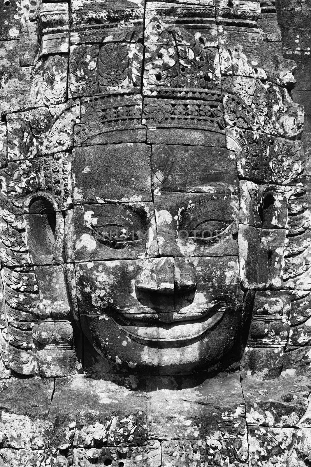 Panoramic picture of a face in Bayon temple in Angkor Wat Cambodia