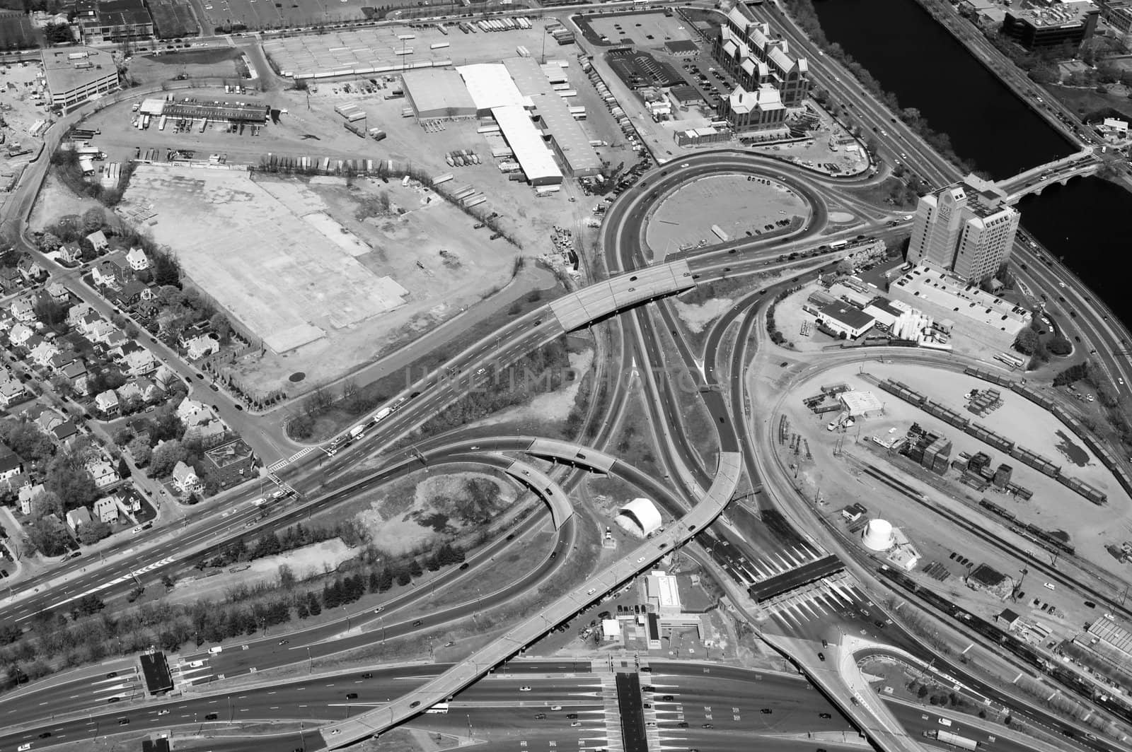 Aerial view of Massachusetts Turnpike tollbooths and interchange