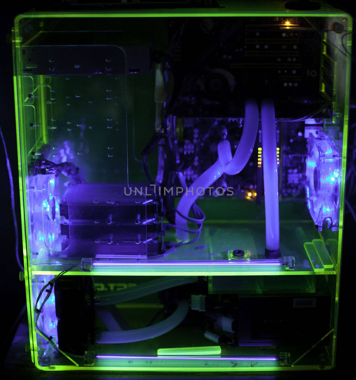 Transparent computer with liquid cooling and UV light