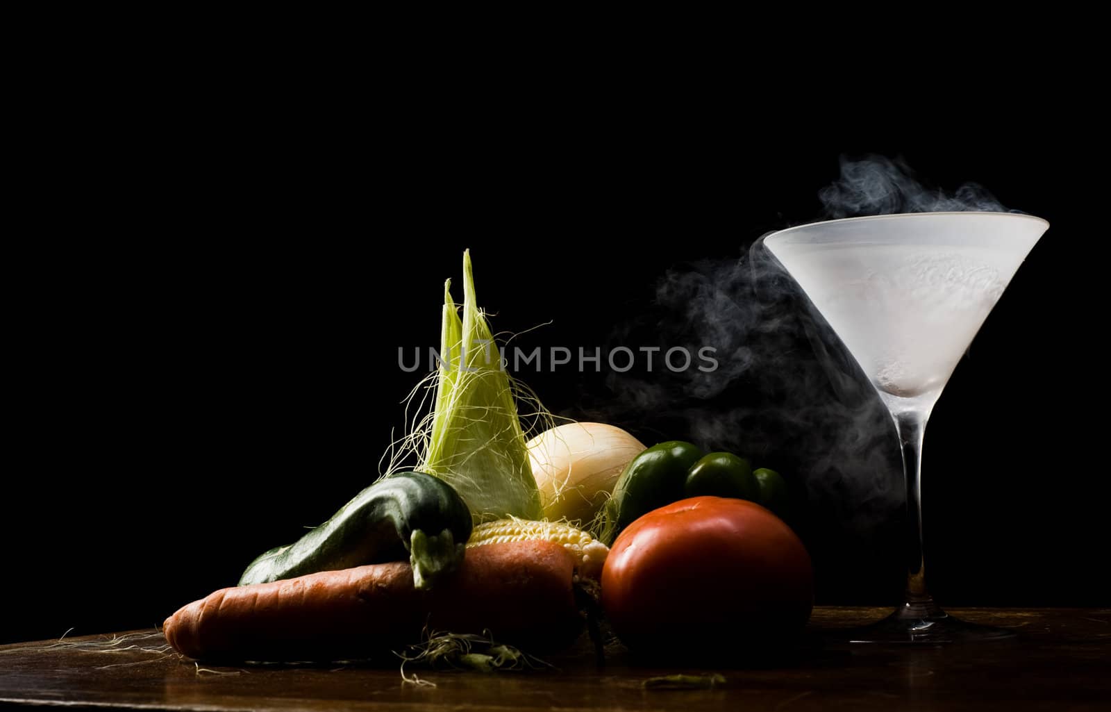 Still life of vegetables and liquid nitrogen