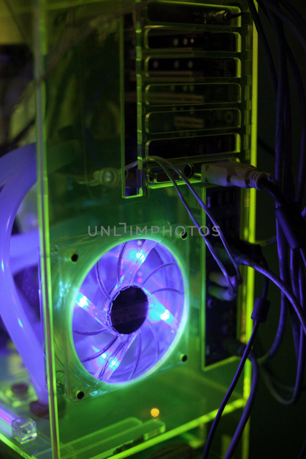 Transparent computer with liquid cooling and UV light