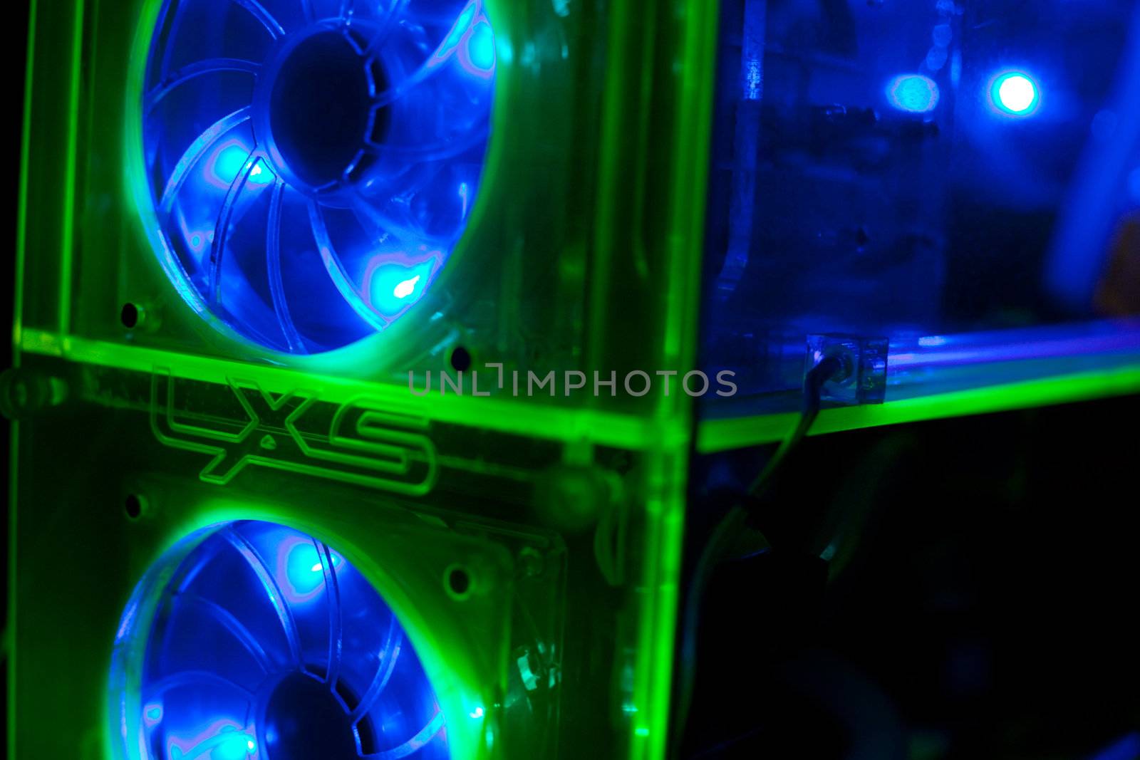 Transparent computer with liquid cooling and UV light