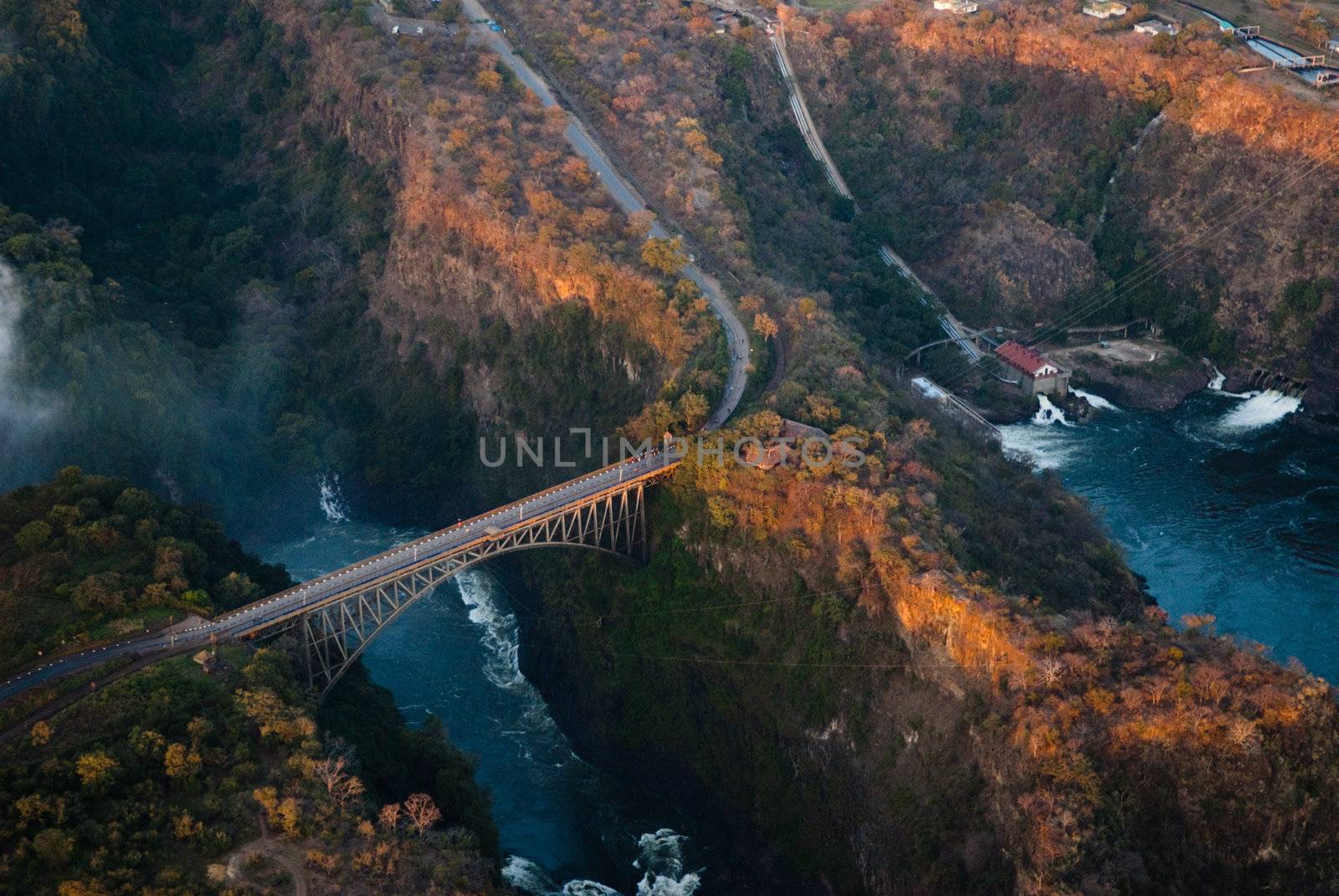 Bridge over the Zambezi River Gorge from the air