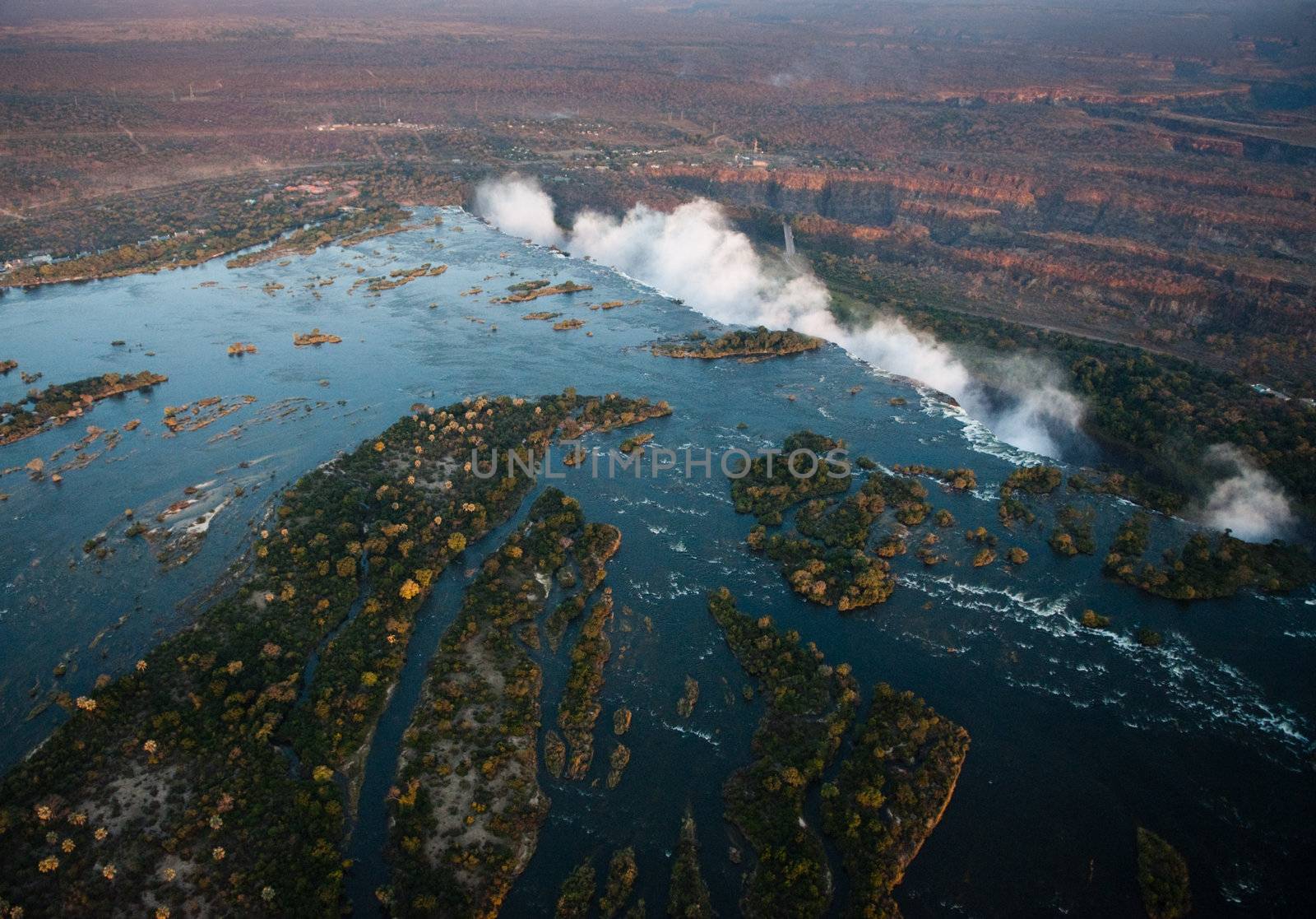 Victoria Falls from the air in the afternoon