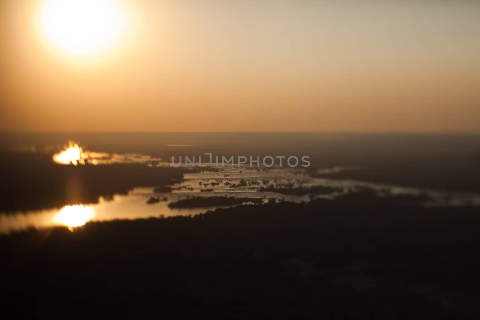 Aerial view of the Zambezi river, tilt shift effect