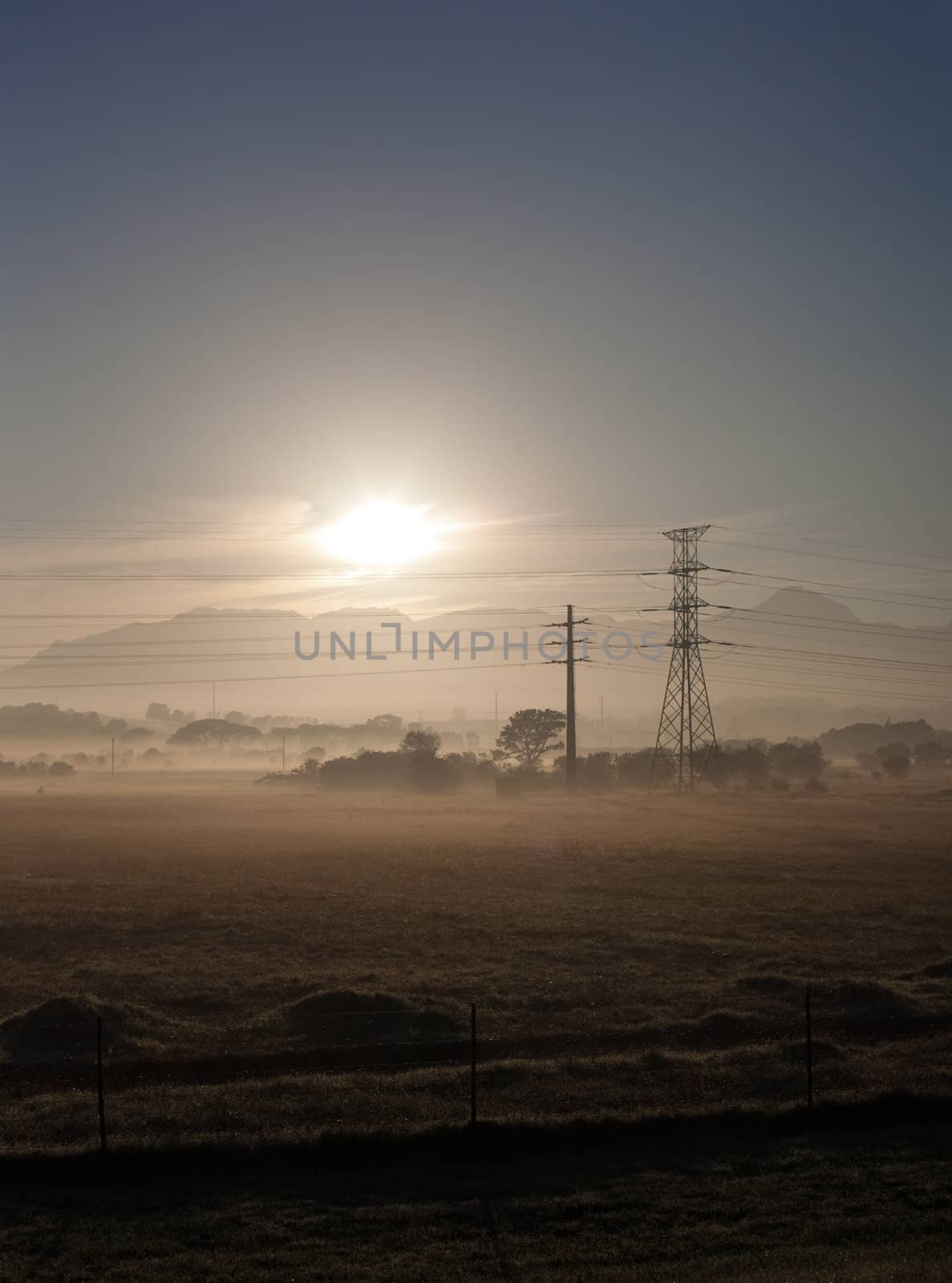 Fields and power lines near Cape Town, South Africa