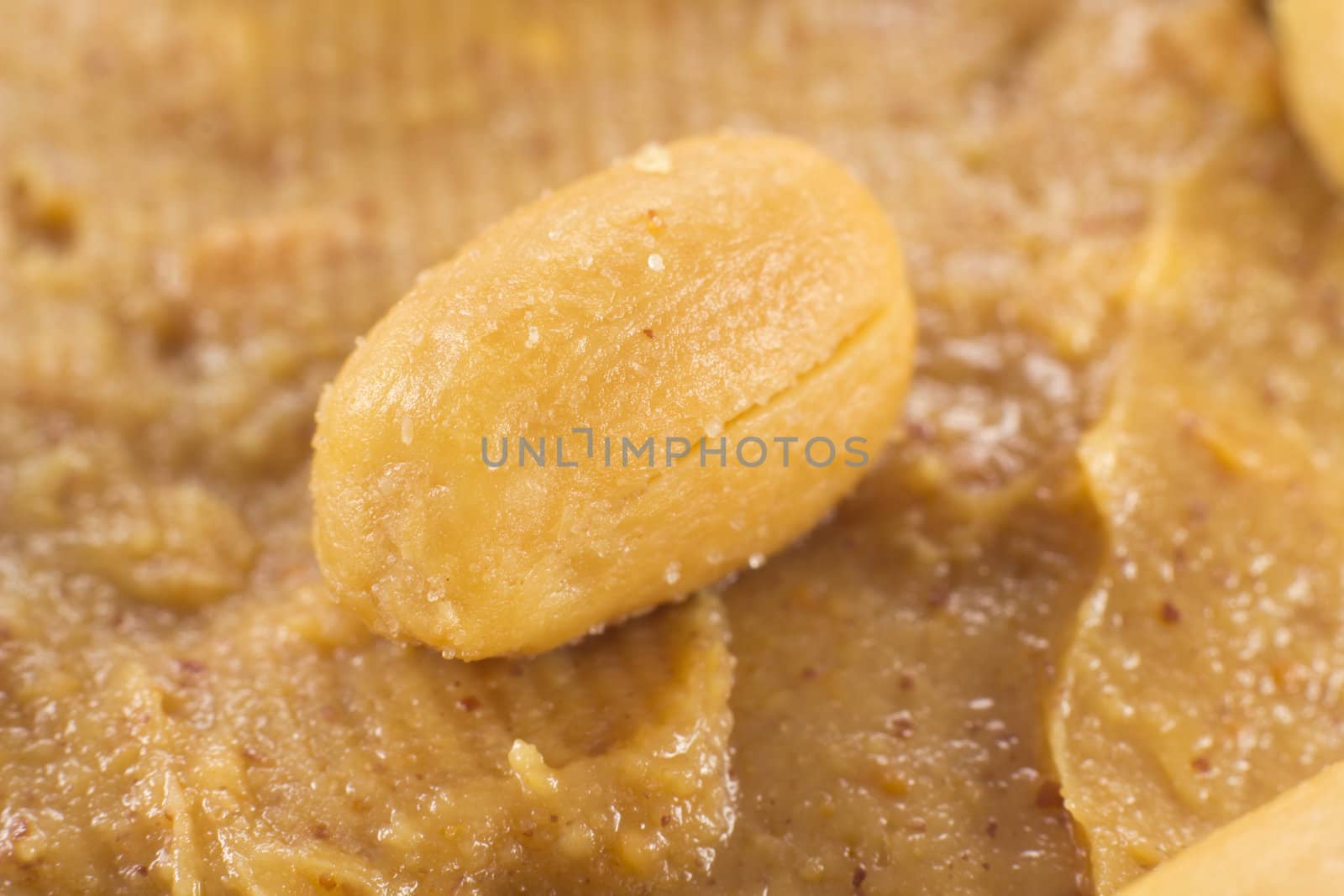 Closeup of a peanut on peanut butter by Stootsy