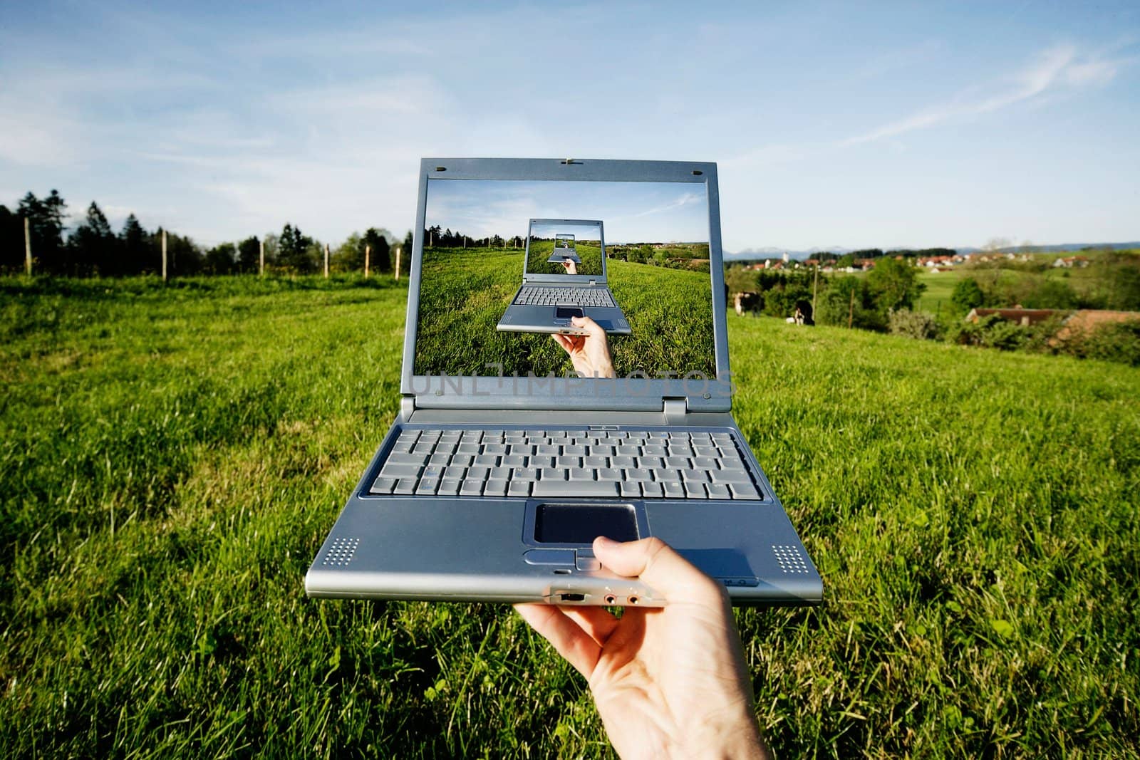 field work laptop outside in the meadow