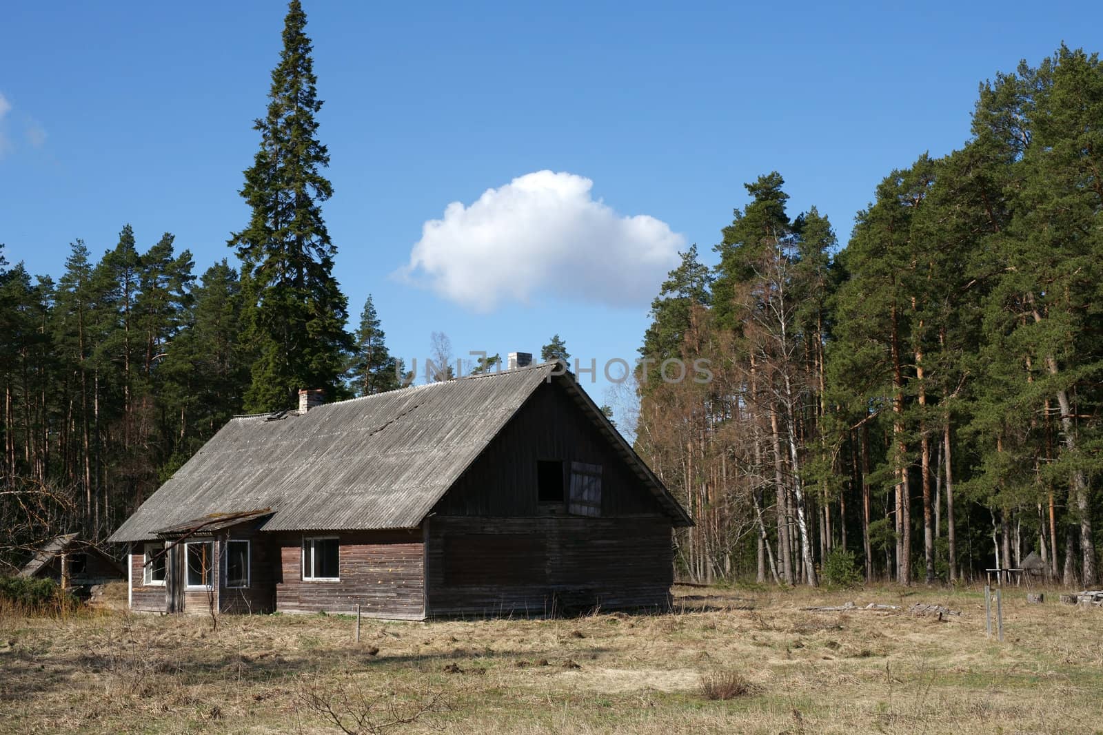 The wooden house close up and the blue sky