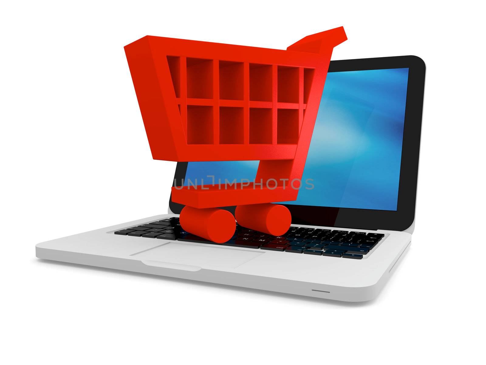 3D illustration of shopping cart symbol on a laptop
