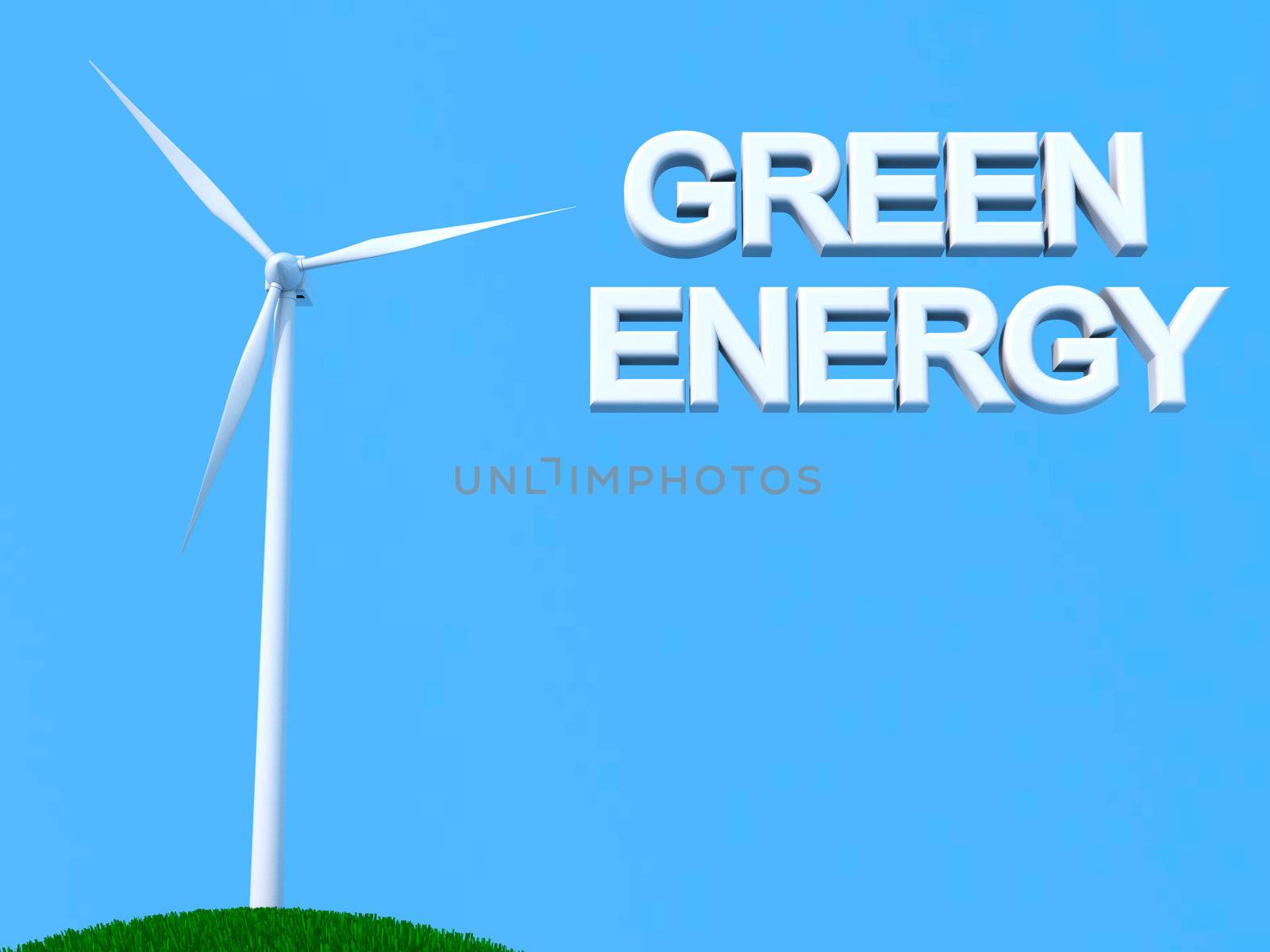 Wind turbine with "green energy" sign on blue skies
