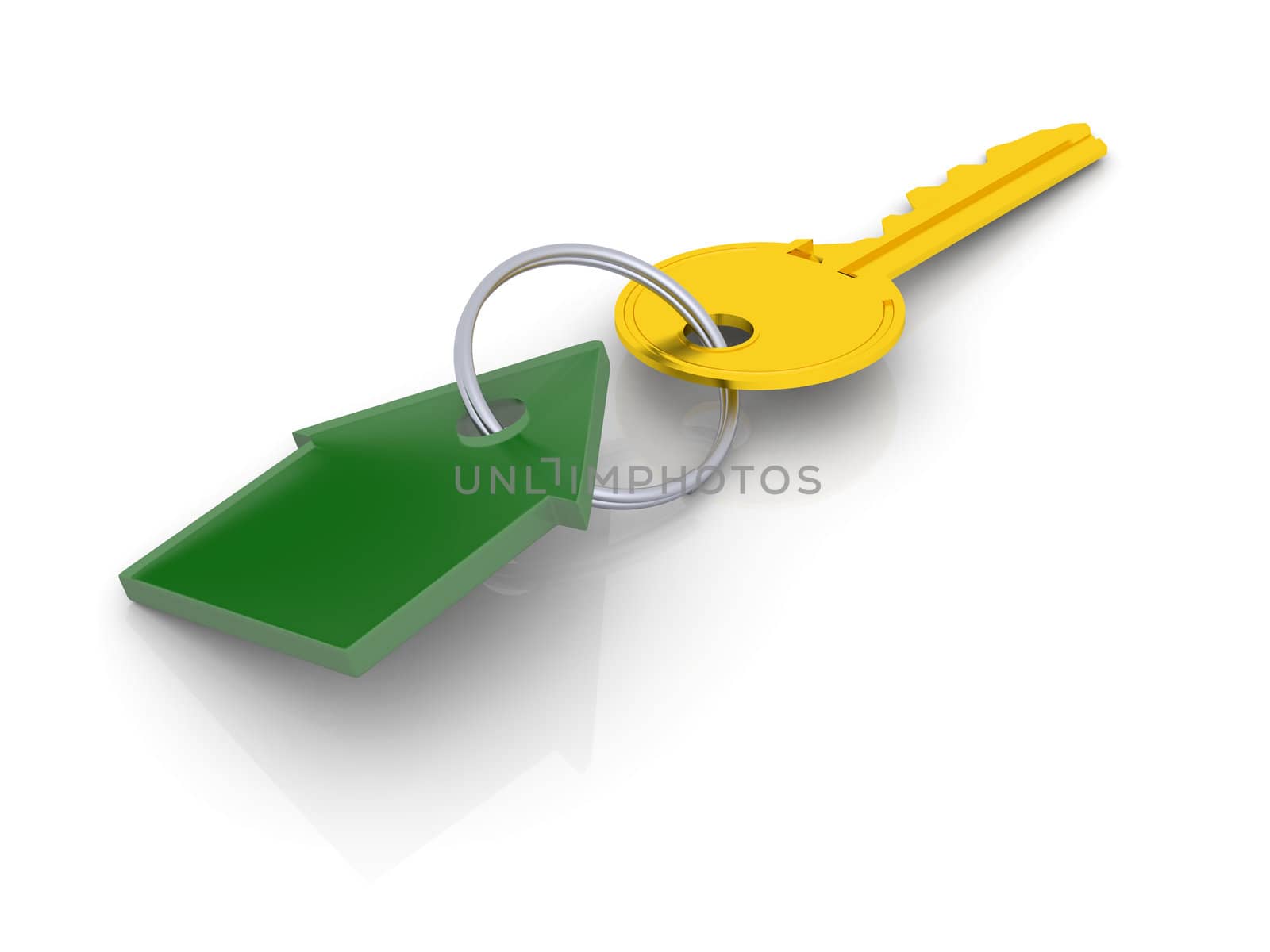 Golden key with green tag in shape of house
