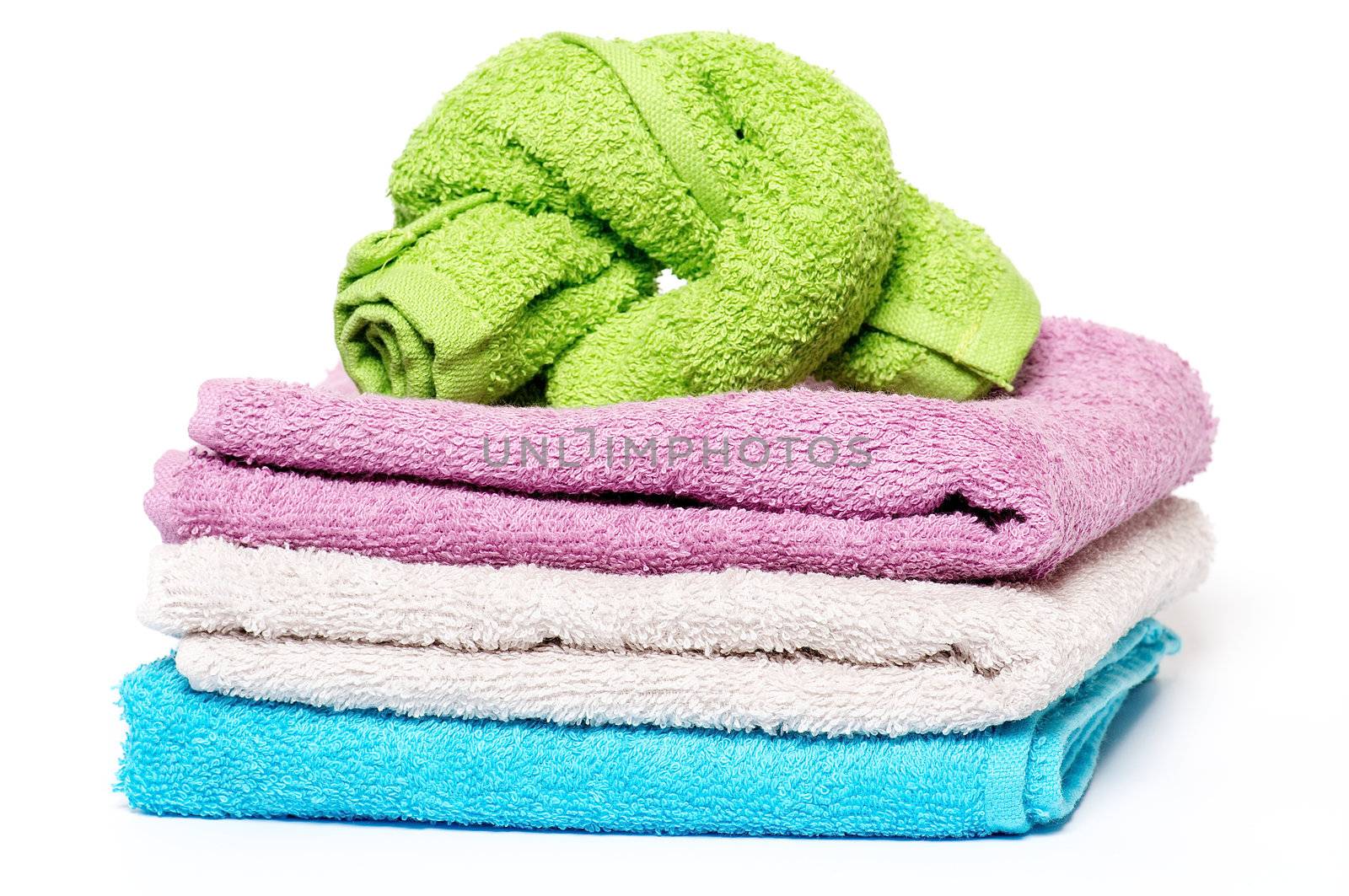 Multi-colored Terry towels isolated on white background