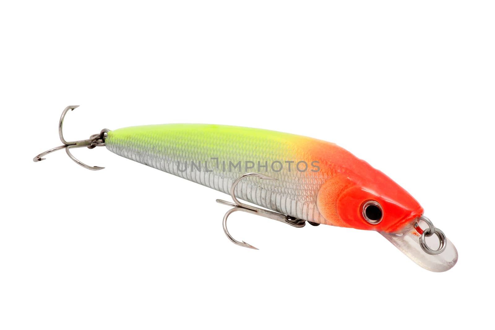 imitation of fish lure for fishing for red and green colors with fishhooks triple cut and isolated