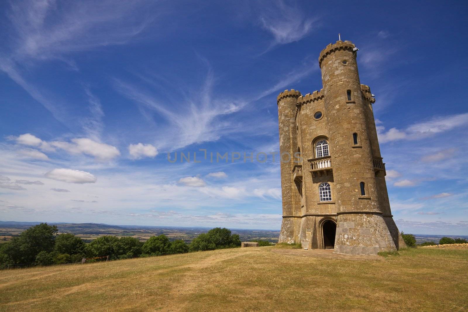 Romantic old Broadway Tower in Cotswolds, England