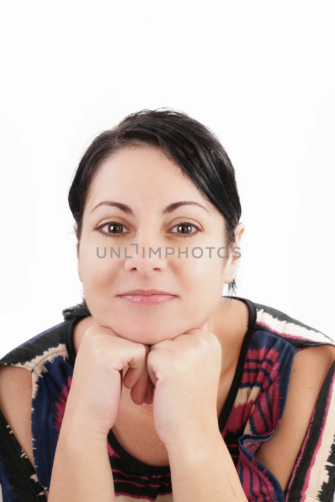 woman looking at camera over white background by dacasdo