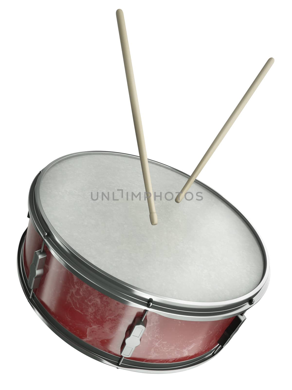 Snare drum and drumsticks isolated on white background. 3D render