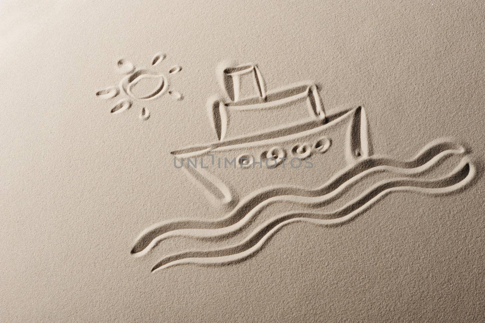 Beach background , drawing of a cruise liner