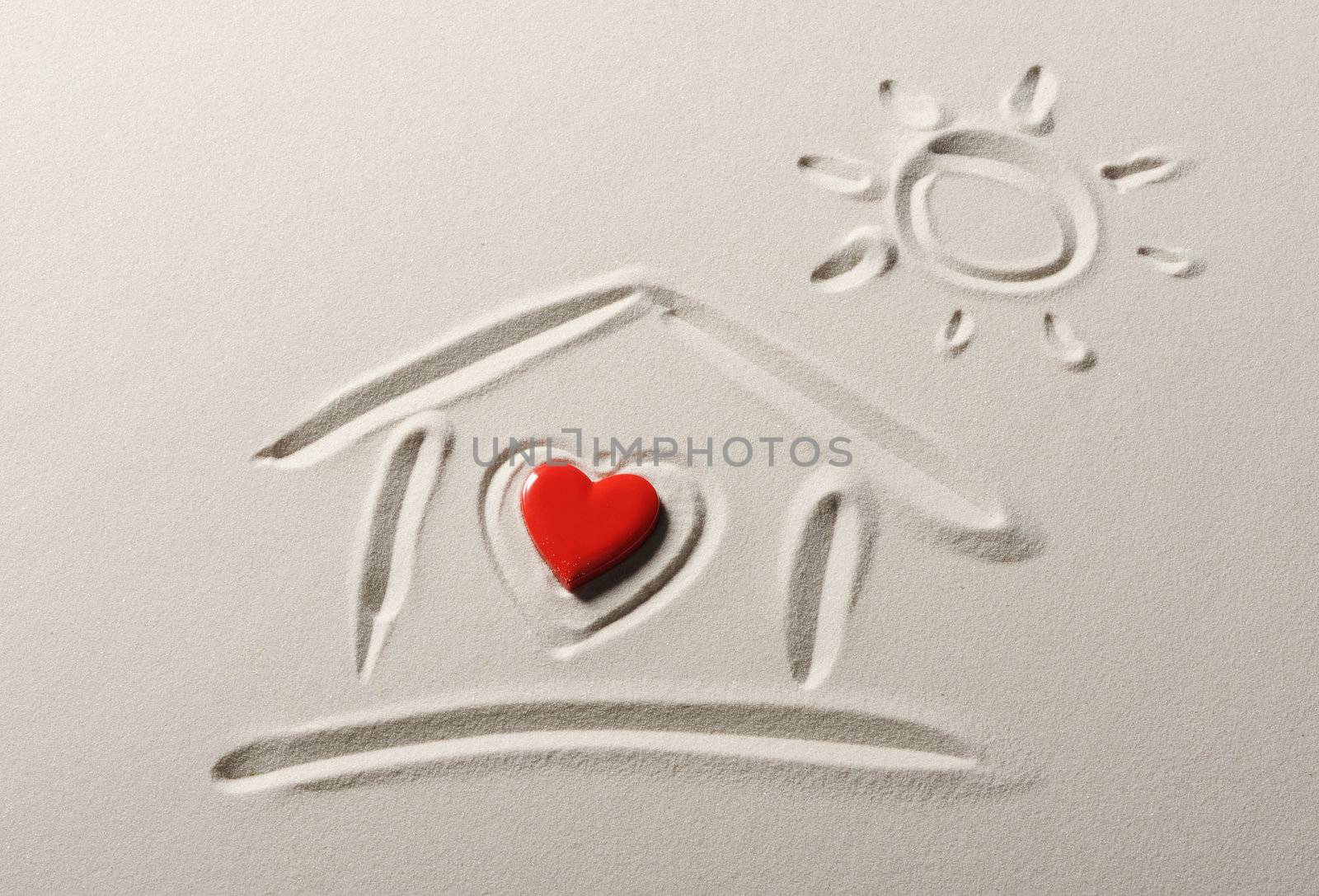 Beach background with home and heart drawing by stokkete