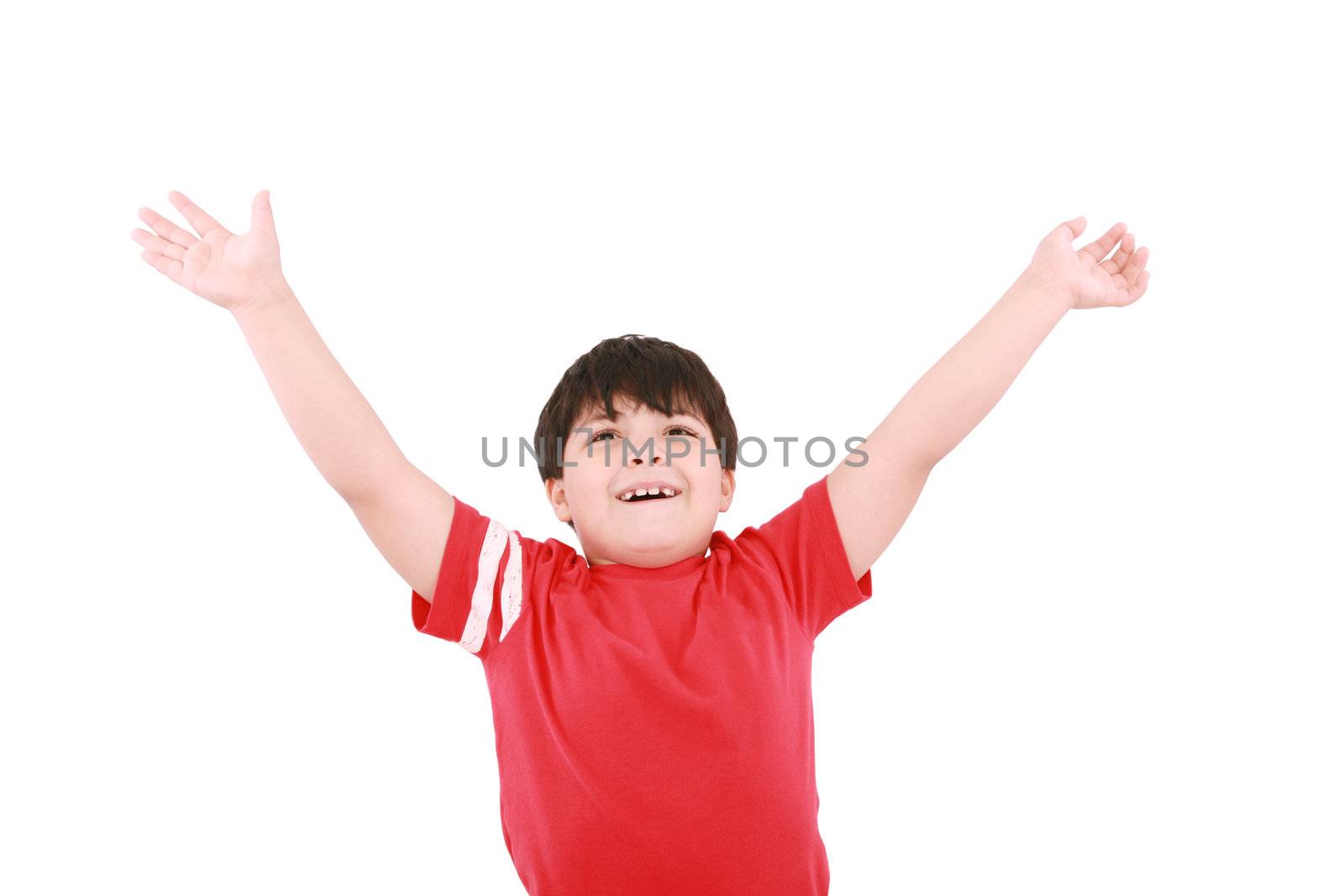 young casual little boy with open arms and looking up, isolated