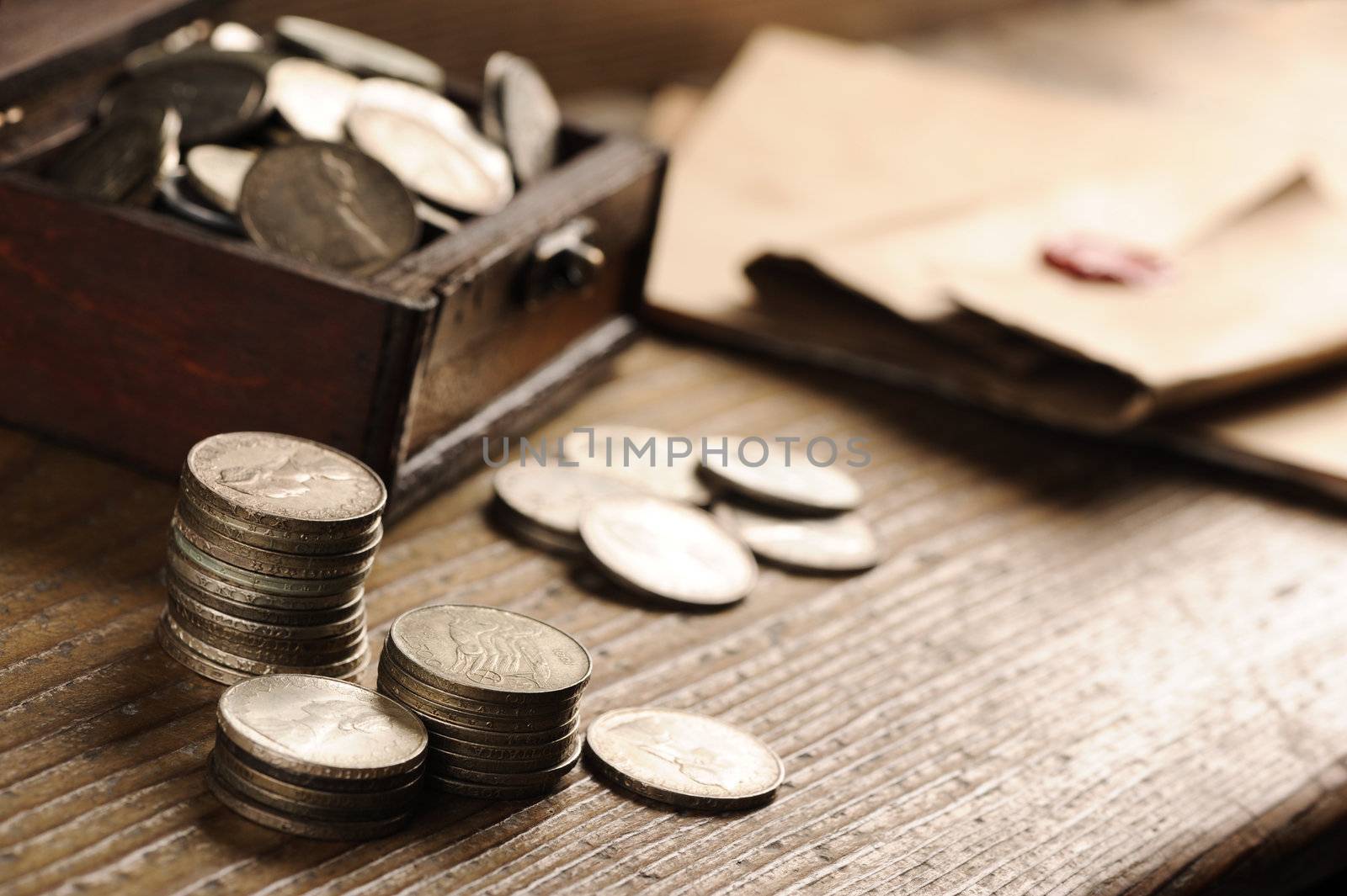 Treasure chest, old coins