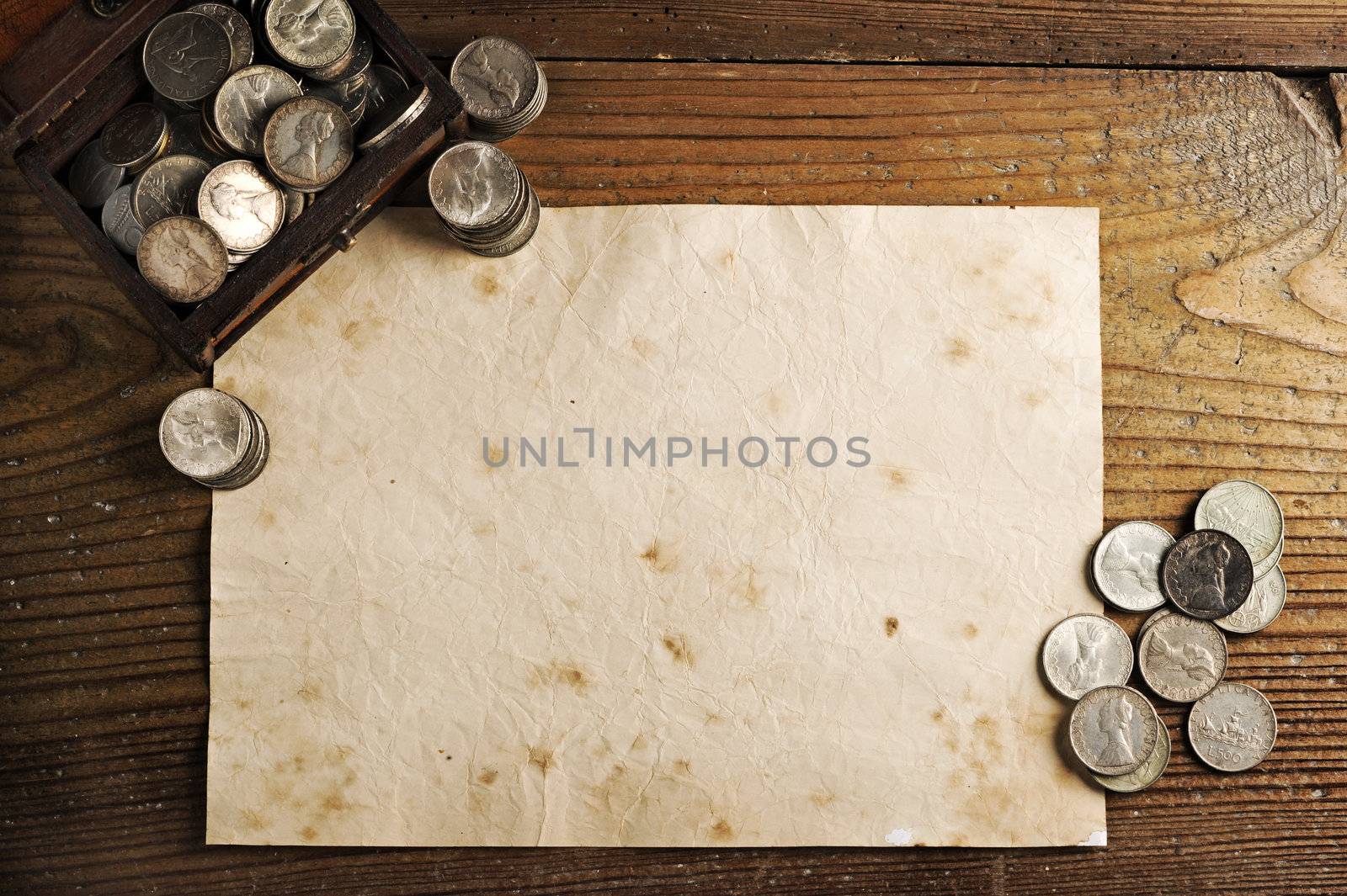 old paper background texture wiyh Treasure chest and old coins
