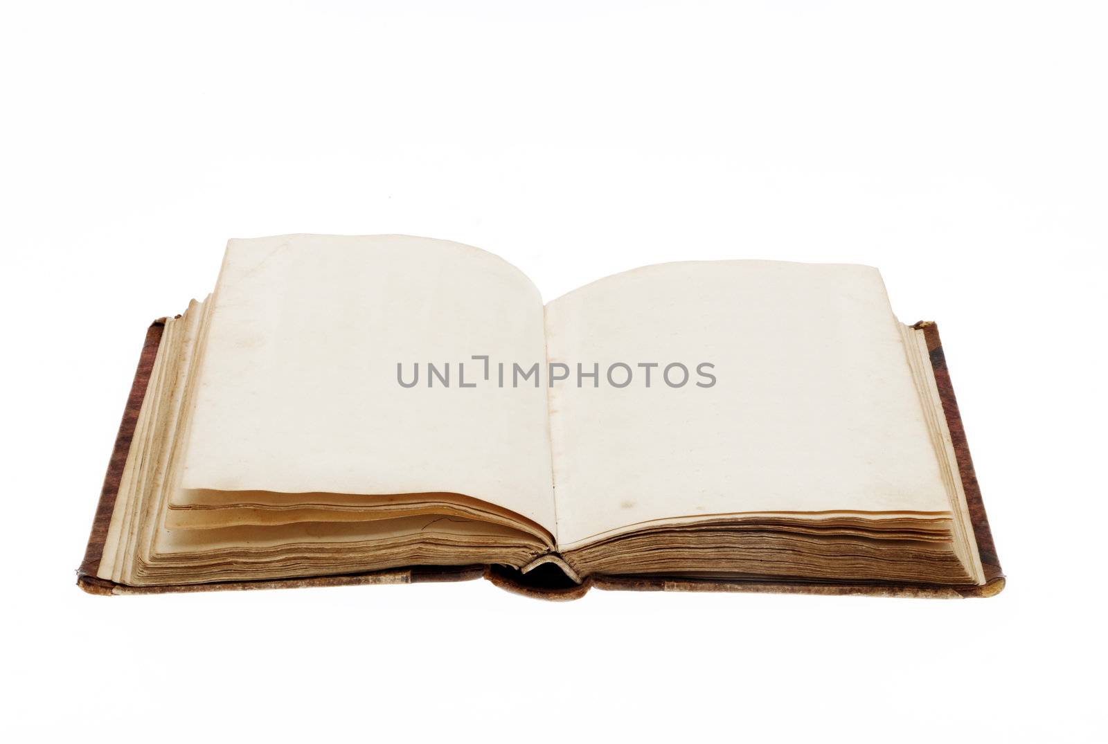 old book open on white background, blank page