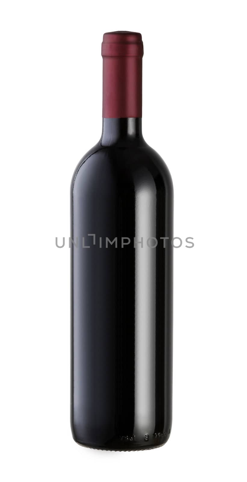 A bottle of red wine with a blank label, isolated on white with clipping path.
