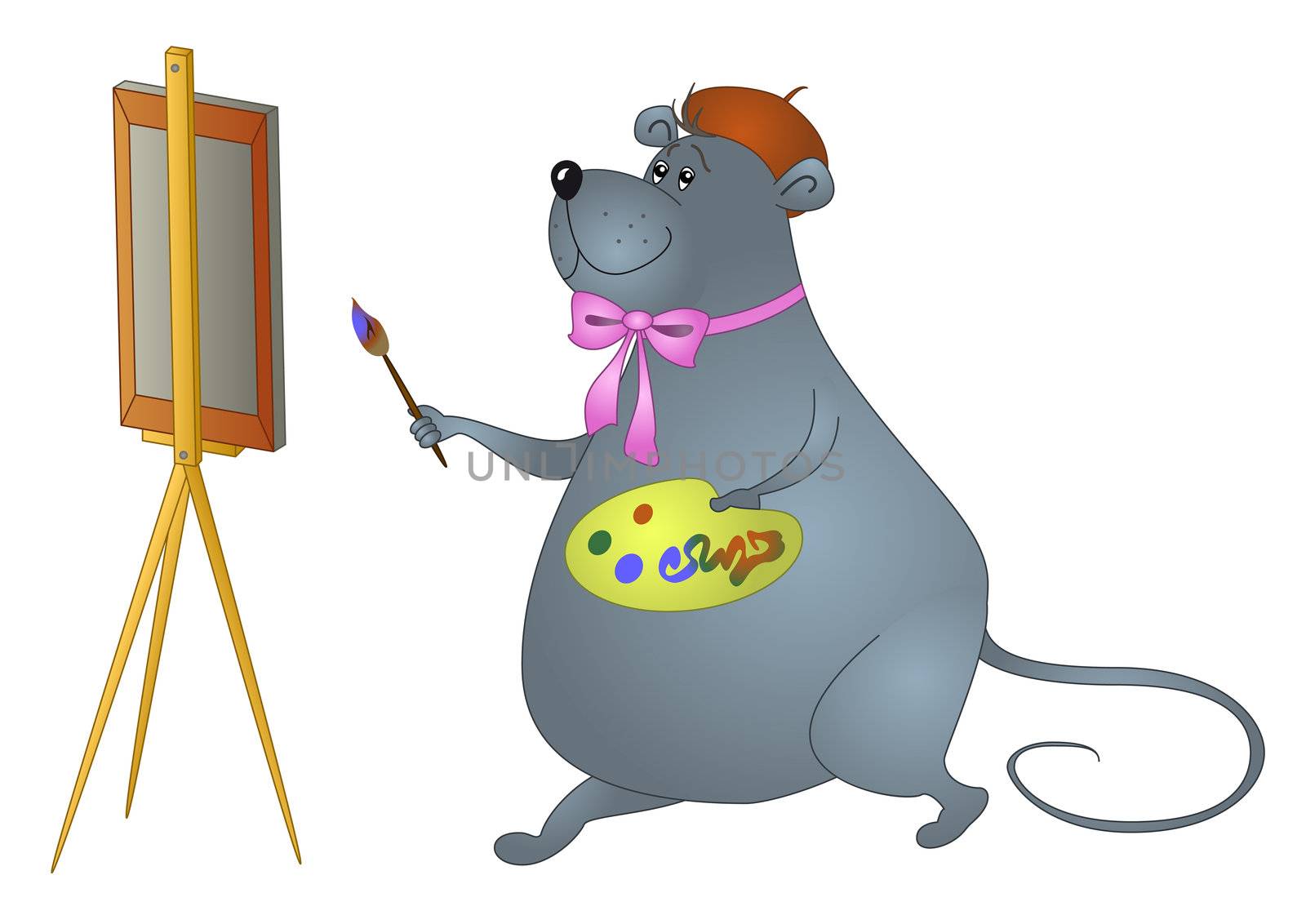Cartoon rat artist draws a picture on an easel.